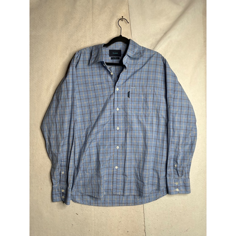 Faconnable Mens XL Blue Plaid Button Down Shirt Long Sleeve 100% Cotton Pocket